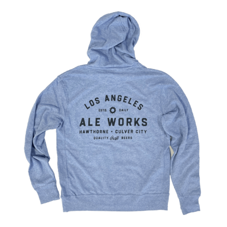 Sky blue zip-up hoodie with Los Angeles Ale Works logo printed on