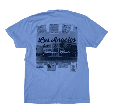 Blue shirt with historic halftone photo LA Ale Works Hermosa Beach logo