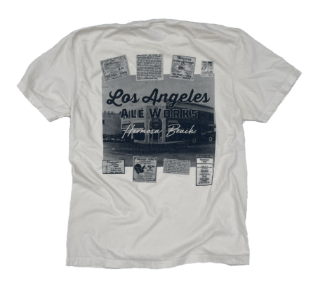 Tan shirt with historic halftone photo LA Ale Works Hermosa Beach logo