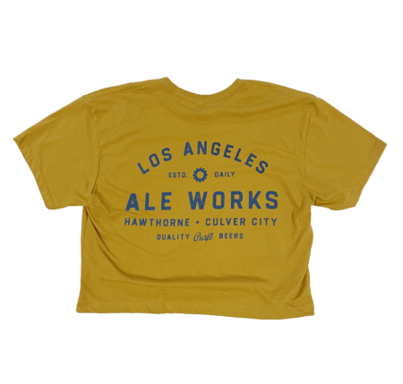 Gold colored crop top with Los Angeles Ale Works logo printed on