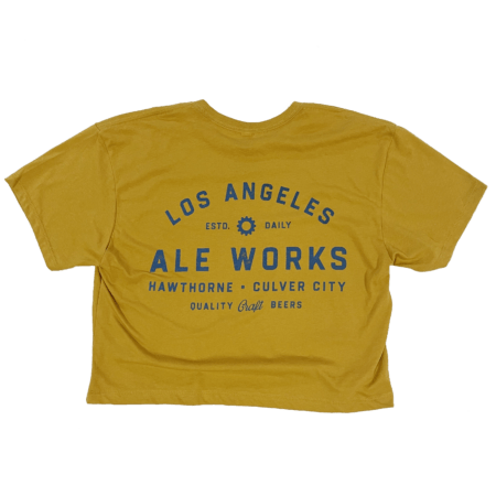 Gold colored crop top with Los Angeles Ale Works logo printed on