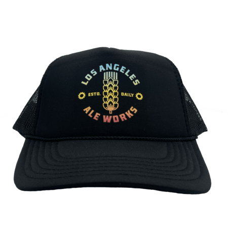 Black trucker hat with hombre blue, yellow & pink LA Ale Works logo